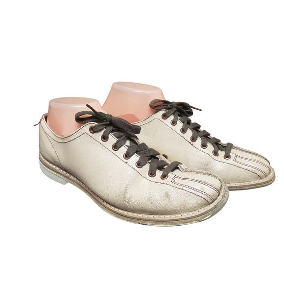 Vintage Brunswick Tan Leather Brown Grommets Split Toe Bowling Shoes Travel Bag - Picture 2 of 14